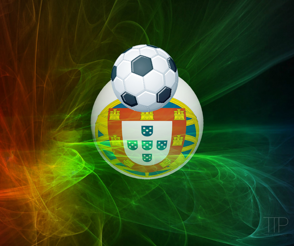 light beams green red, a soccer ball, portugal flag