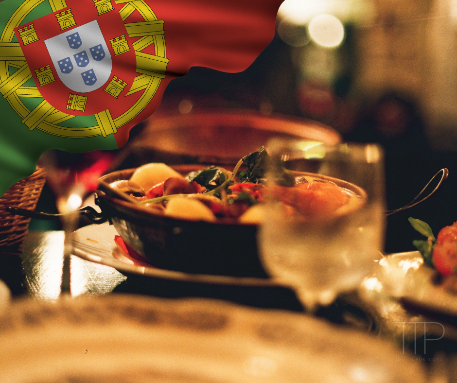 portugal flag and food in restaurant