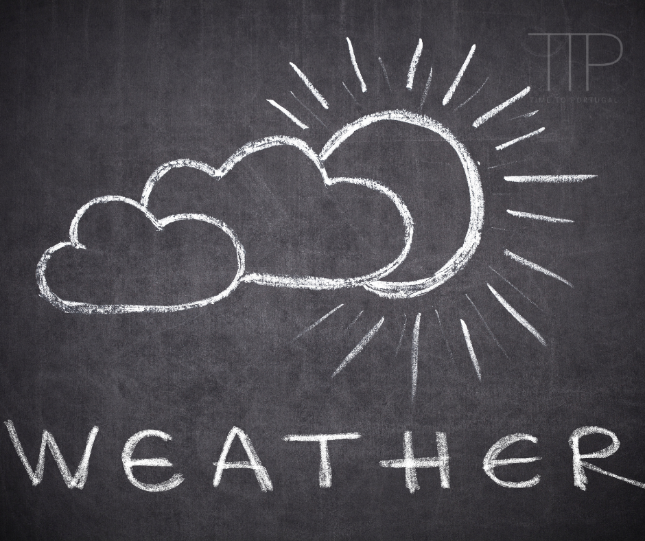 the word weather and the sun with clouds on a chalk board