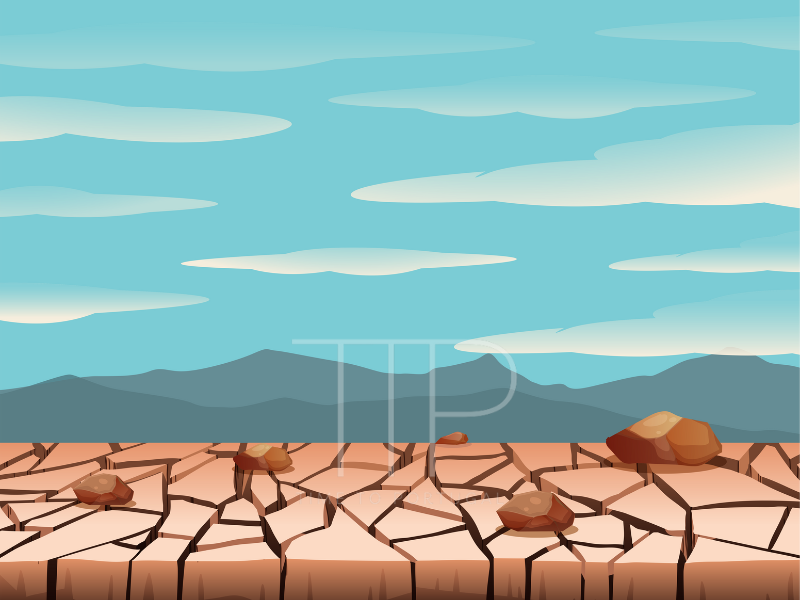 cartoon of dry soil and sky with white clouds