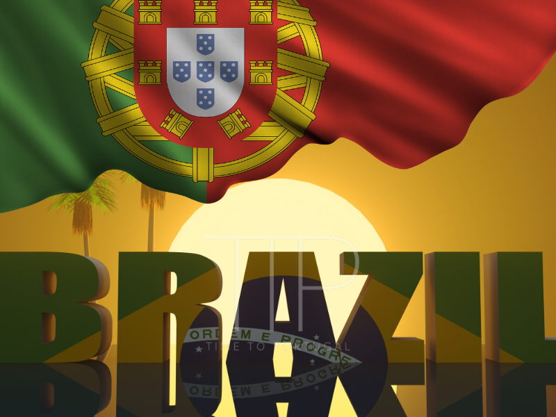 Green and red Portugal flag and word Brazil with sunset