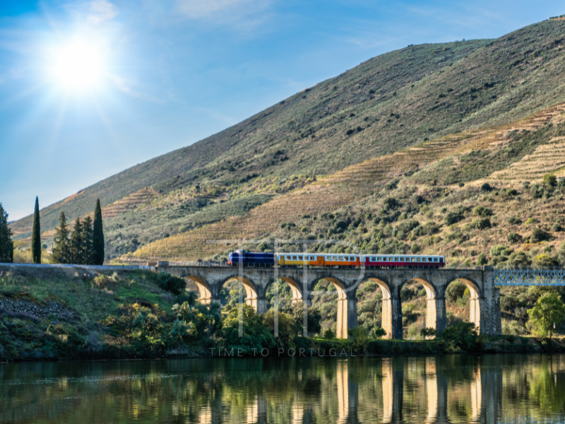 train passing over a stone bridge with hills and sky background
