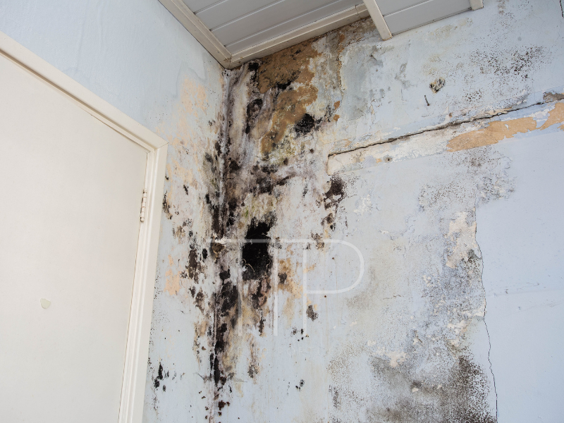 white wall in room with black mold