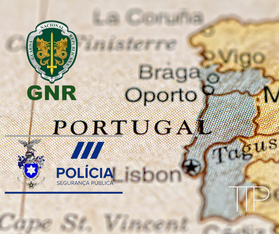 Portugal on a map and the words logos of GNR and PSP