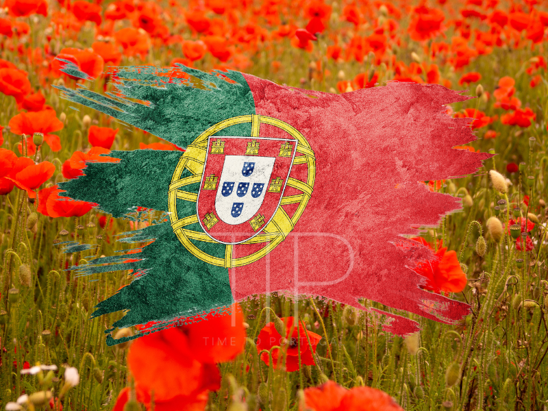 The red and green Portuguese flag with a poppy field in background