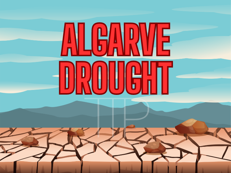 Algarve drought written on cartoon with dry soil and mountains and sky background