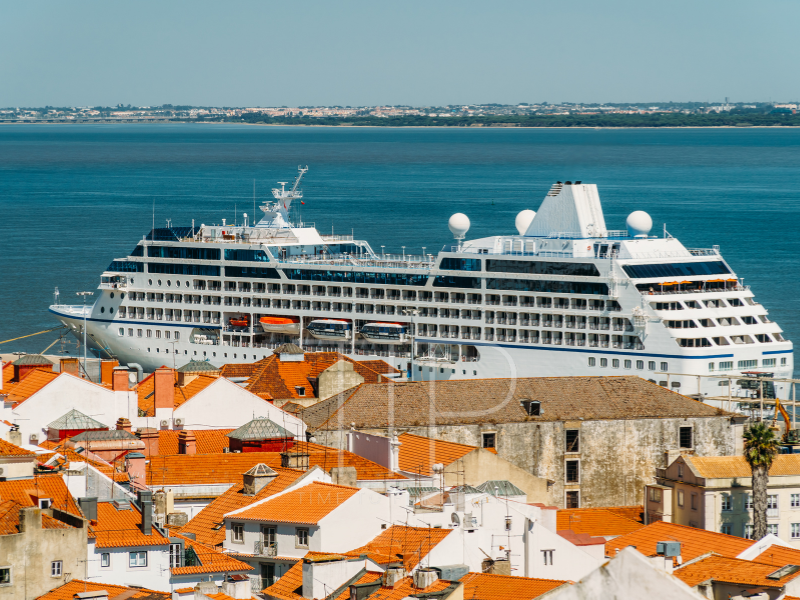 Cruise ship at port with houses in front