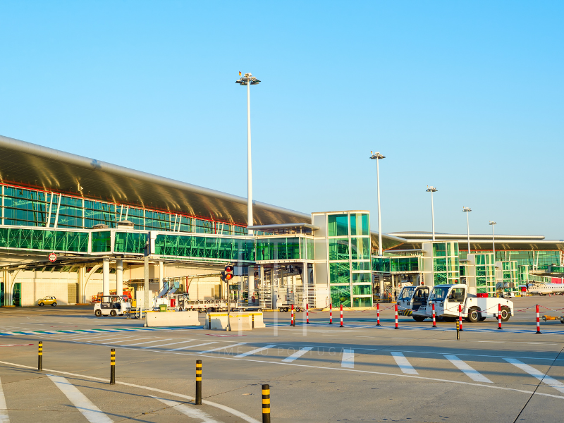 Airport terminal from outside with green windows