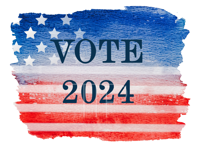 red white blue US flag and words Vote 2024