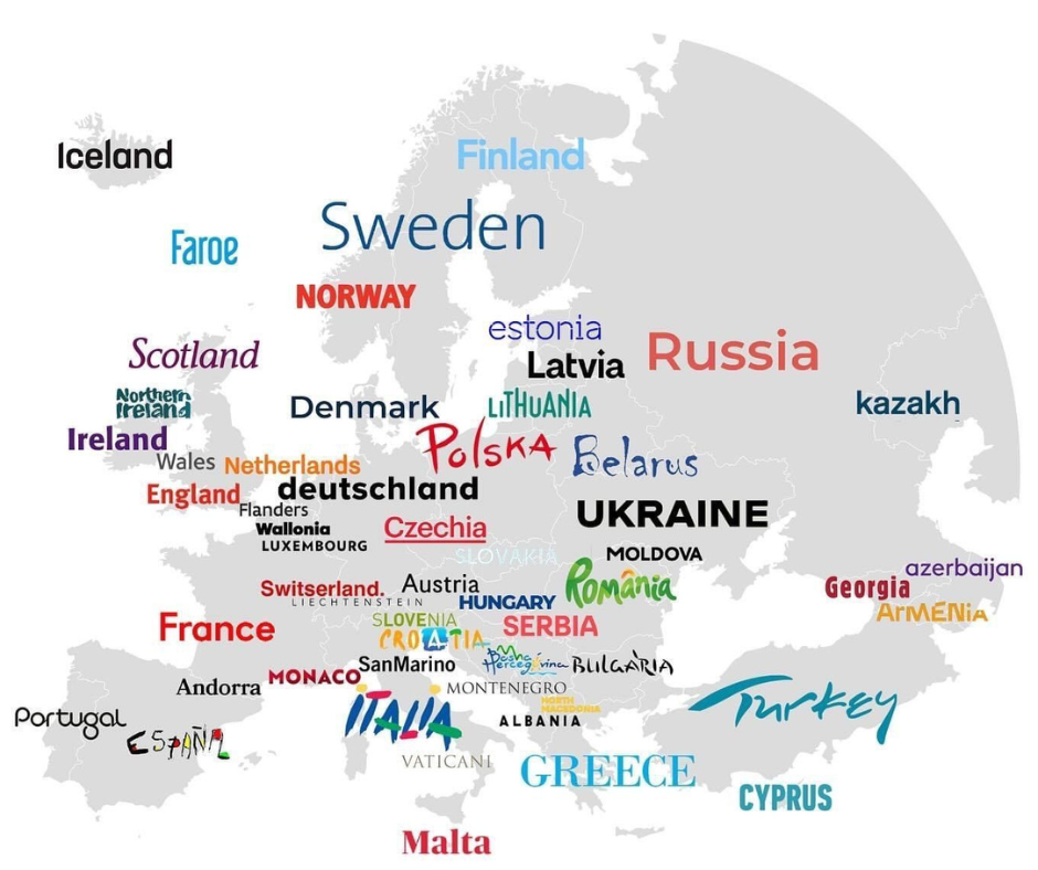 Europe map with logos of countries