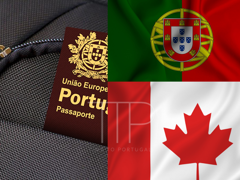 Portuguese and Canadian flag, a passport in the background