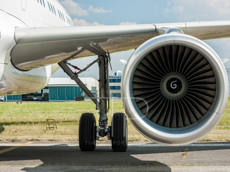 Turbine and part of wing of an aircraft A320