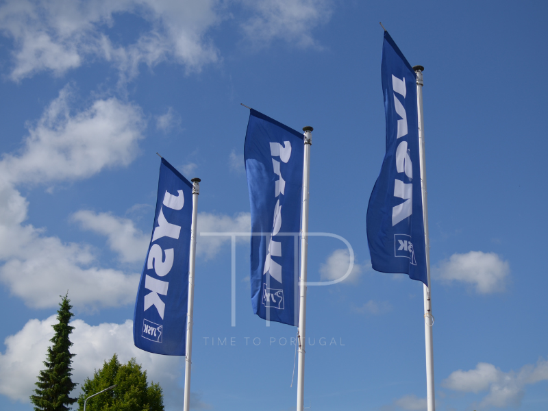 Blue flags with sky in background