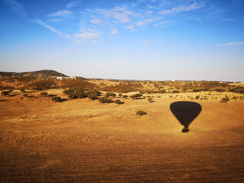 Dry grass country site with the shadow of a hot air balloon