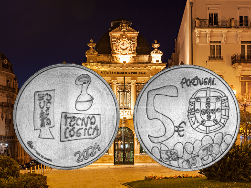 a building at night and two coins in silver