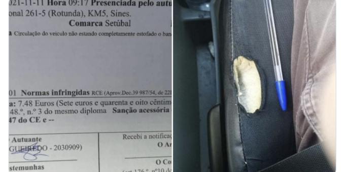 image of a traffic fine ticket and a car seat with damage